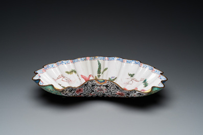 A Chinese Canton enamel shell-shaped basin and a helmet-shaped ewer, Qianlong