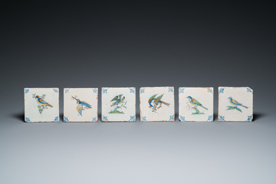 Twelve polychrome Dutch Delft 'bird' tiles, 17th C.