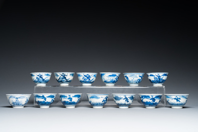 13 Chinese blue and white 'rabbit hunt' cups and 10 saucers, Qianlong mark, 19th C.