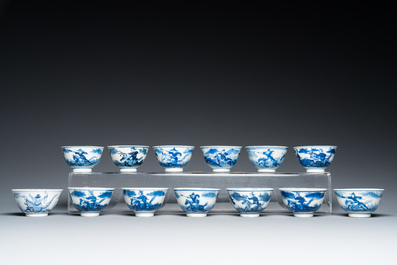 13 Chinese blue and white 'rabbit hunt' cups and 10 saucers, Qianlong mark, 19th C.