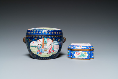 Two Chinese Canton enamel boxes and covers and a plaque, 19/20th C.