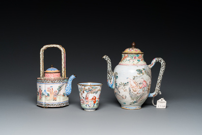 A Chinese Canton enamel teapot, a wine jug and a wine cup, Yongzheng/Qianlong