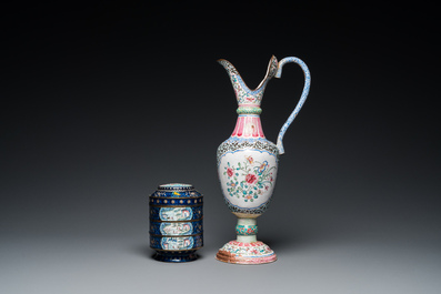 Two Chinese Canton enamel dishes, a ewer, a mirror handle and a stacking box, 18/19th C.