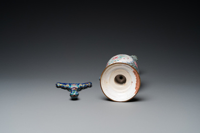 Two Chinese Canton enamel dishes, a ewer, a mirror handle and a stacking box, 18/19th C.