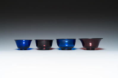 Four Chinese aubergine and blue Beijing glass bowls, Qing