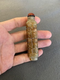 A Chinese celadon and russet jade 'cong' snuff bottle, probably Qing