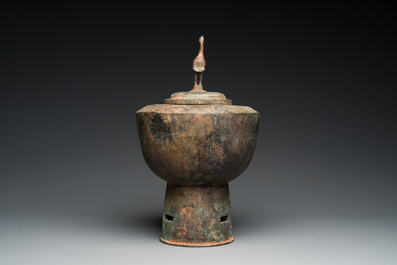 A Japanese or Korean bronze bird-topped censer, probably 17th C.