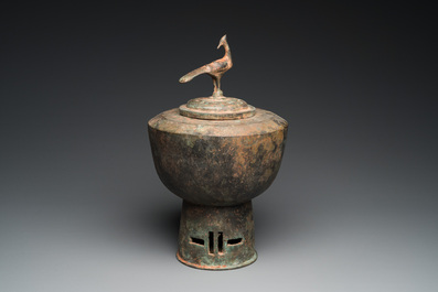 A Japanese or Korean bronze bird-topped censer, probably 17th C.