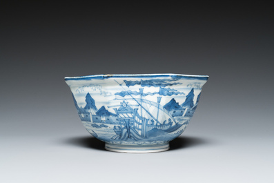 Een octagonale blauw-witte Japanse Arita 'van Frytom' kom, Chenghua merk, Edo, 18e eeuw