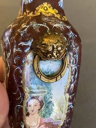 A square Chinese Canton enamel vase with Europeans, Qianlong mark and probably of the period