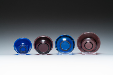 Four Chinese aubergine and blue Beijing glass bowls, Qing