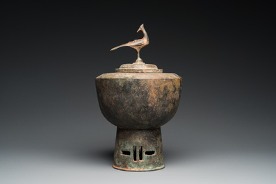 A Japanese or Korean bronze bird-topped censer, probably 17th C.