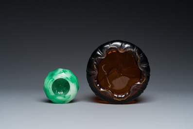 Two Chinese amber-coloured and jadeite-simulating Beijing glass brush washers, 19/20th C.