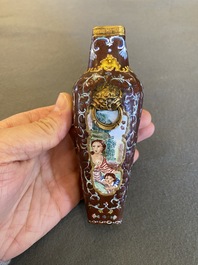 A square Chinese Canton enamel vase with Europeans, Qianlong mark and probably of the period