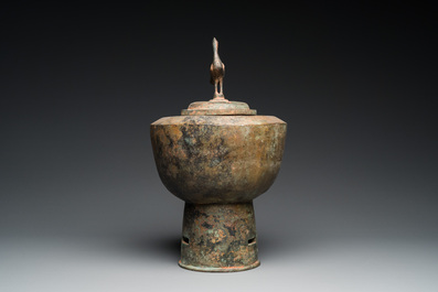 A Japanese or Korean bronze bird-topped censer, probably 17th C.