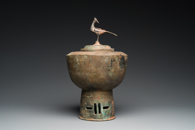 A Japanese or Korean bronze bird-topped censer, probably 17th C.