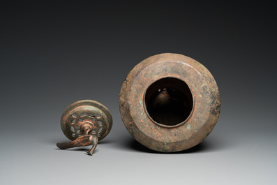 A Japanese or Korean bronze bird-topped censer, probably 17th C.
