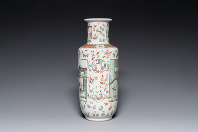 A Chinese famille verte 'playing boys' rouleau vase, 19th C.