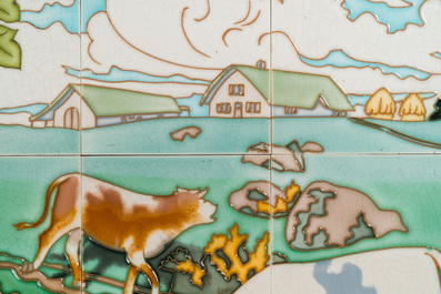 An Art Nouveau tile mural with a shepherdess and her cows in a meadow, Gilliot &amp; Cie., Hemiksem