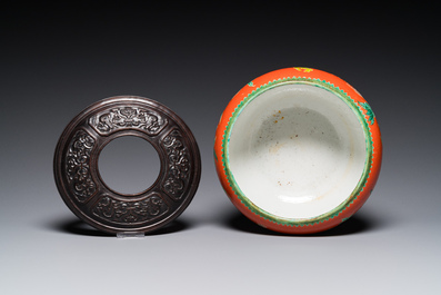 A Chinese relief-decorated alms bowl with wooden lid, Qianlong mark, 19/20th C.