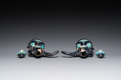 A pair of Chinese fahua ewers and covers in the shape of Sogdian merchants, 17th C.