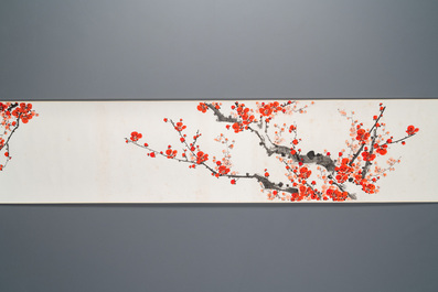 Liu Bingsen 劉炳森 (1937-2005) and Dong Shouping 董壽平 (1904-1997): Calligraphy with prunus flowers, ink and colour on paper