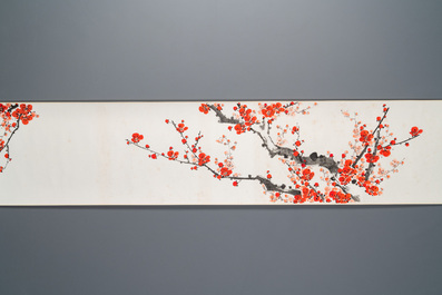 Liu Bingsen 劉炳森 (1937-2005) et Dong Shouping 董壽平 (1904-1997): Calligraphie aux fleurs de prunus, encre et couleurs sur papier