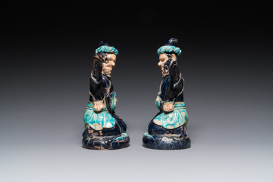 A pair of Chinese fahua ewers and covers in the shape of Sogdian merchants, 17th C.