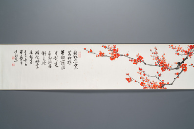 Liu Bingsen 劉炳森 (1937-2005) and Dong Shouping 董壽平 (1904-1997): Calligraphy with prunus flowers, ink and colour on paper