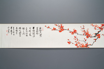 Liu Bingsen 劉炳森 (1937-2005) et Dong Shouping 董壽平 (1904-1997): Calligraphie aux fleurs de prunus, encre et couleurs sur papier