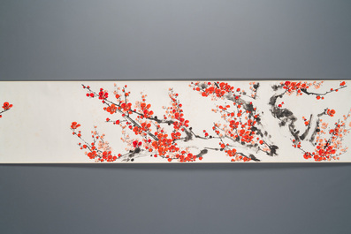 Liu Bingsen 劉炳森 (1937-2005) et Dong Shouping 董壽平 (1904-1997): Calligraphie aux fleurs de prunus, encre et couleurs sur papier