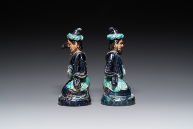 A pair of Chinese fahua ewers and covers in the shape of Sogdian merchants, 17th C.