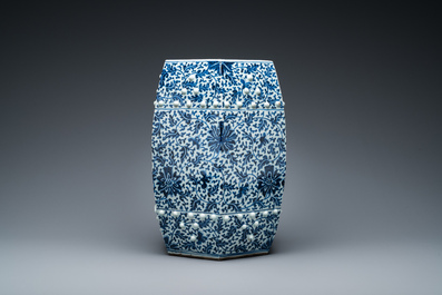A Chinese blue and white hexagonal garden seat with floral design, 19th C.