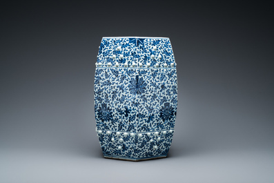 A Chinese blue and white hexagonal garden seat with floral design, 19th C.