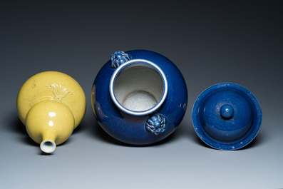 A Chinese monochrome yellow double gourd vase and a blue vase and cover, Republic