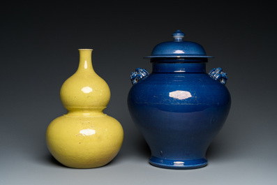 A Chinese monochrome yellow double gourd vase and a blue vase and cover, Republic