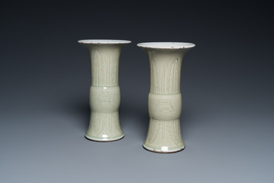 A pair of Chinese celadon-glazed 'gu' vases, 18th C.