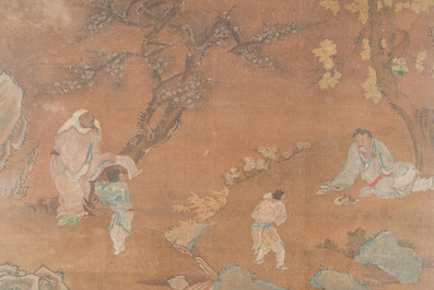Ecole chinoise: 'Paysages aux lettr&eacute;s repr&eacute;sentant les quatre saisons', encre et couleurs sur soie, 18&egrave;me