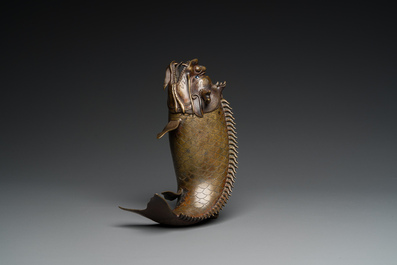 A Chinese bronze dragonfish form censer, Ming