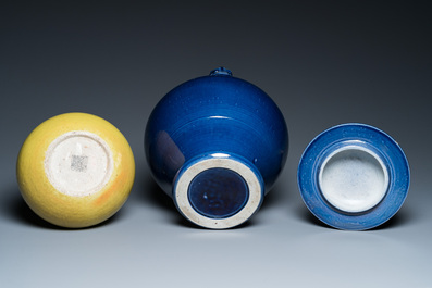 A Chinese monochrome yellow double gourd vase and a blue vase and cover, Republic