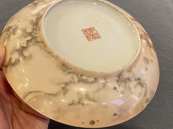 A Chinese faux-marble painted porcelain plate with a poem and Tang Ying mark, Qianlong mark, 19th C.