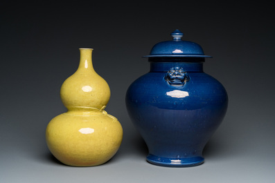 A Chinese monochrome yellow double gourd vase and a blue vase and cover, Republic