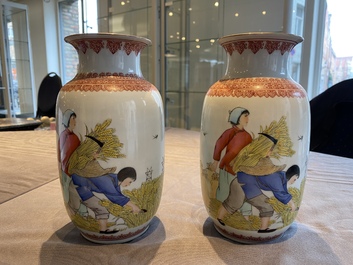 Trois paires de vases en porcelaine de Chine &agrave; d&eacute;cor de la R&eacute;volution Culturelle, marque de Zhong Guo Jing De Zhen Zhi 中國景德鎮製