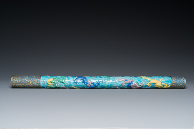 A rare Chinese porcelain Wang Bing Rong-style 'nine dragons' opium pipe in fine wooden box, late 19th C.