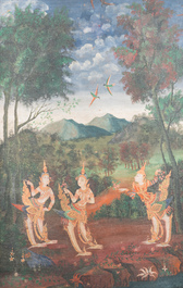 Thai school: Mythical Kinnaree in the legendary Himmaphan forest, oil on canvas, 19th C.