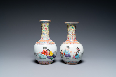 Four Chinese Cultural Revolution vases depicting farmers and children, Zhong Guo Jing De Zhen Zhi 中國景德鎮製 mark