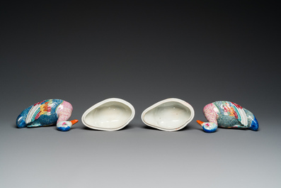 A pair of Chinese famille rose duck-shaped tureens and covers, Qianlong