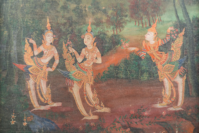 Ecole thai: Kinnarees mythiques dans la l&eacute;gendaire for&ecirc;t Himmaphan, huile sur toile, 19&egrave;me