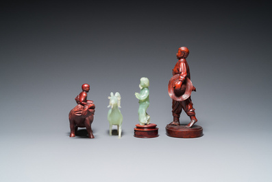 Negen Chinese Culturele Revolutie sculpturen in hout, jade en zeepsteen