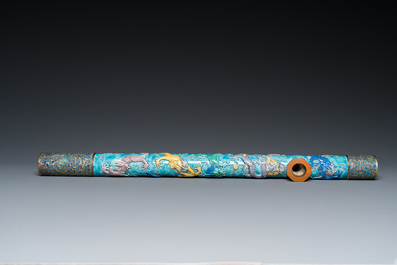 A rare Chinese porcelain Wang Bing Rong-style 'nine dragons' opium pipe in fine wooden box, late 19th C.